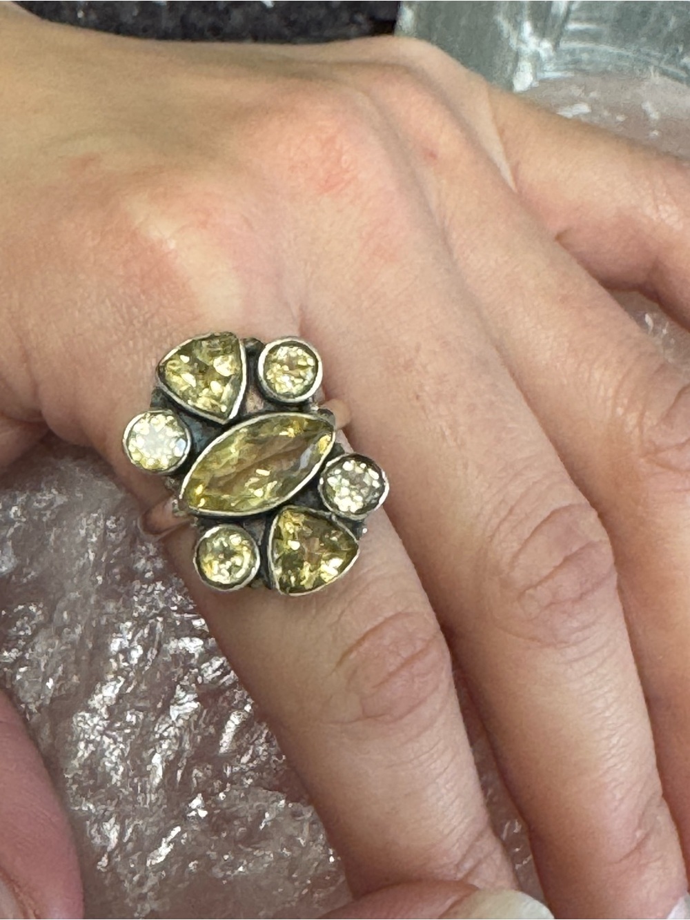 Citrine Sterling Silver Gemstone Statement Cluster Ring - 9